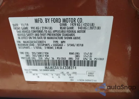 2020 Ford Ecosport Ses z USA, uszkodzony, nr VIN MAJ6S3JL5LC338274